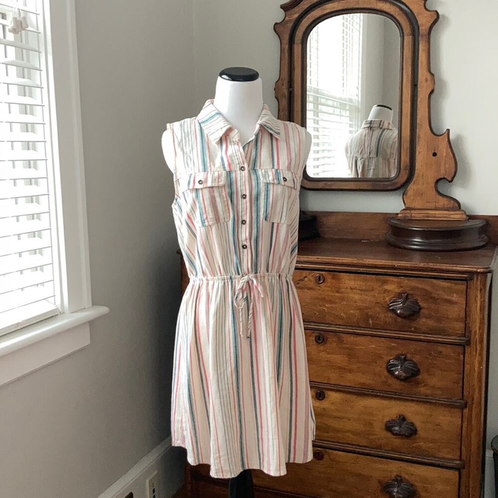 BeBop Sleeveless Striped Drawstring Mini Dress in Cream with Pink & Blue Stripes
